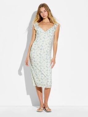 Floral Ruffle-Trim Midi Dress in Light Cream and Blue